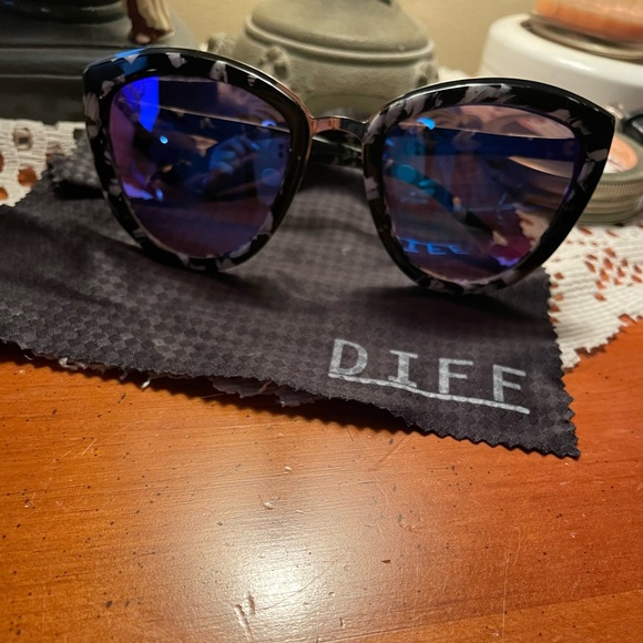 EUC DIFF Rise Cateye Sunglasses. Black & White Frames w/Blue Mirrored Lenses. - Picture 7 of 10